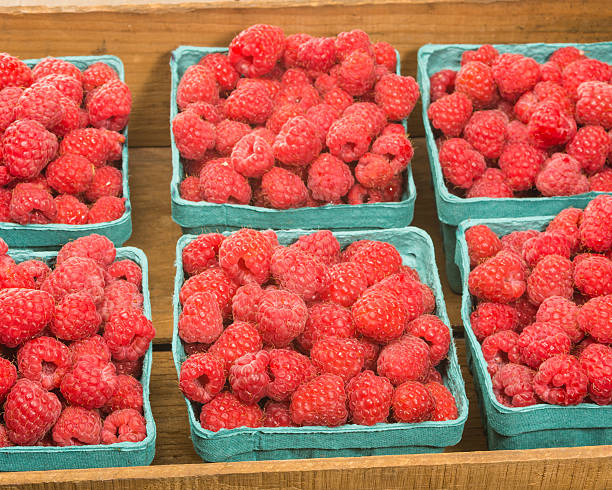 istock Fresh red raspberries on display at the market 537014551