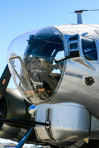 Sarasota Airport, FL, USA - February 8, 2015: The bomb aimer position and forward gun turret in a B17G Flying Fortress plane from WW2 seen at Sarasota airport in Florida