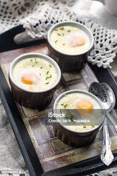 Shirred Baked Eggs For Breakfast Stock Photo - Download Image Now - 2015, Appetizer, Baked