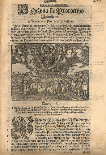 Book of Isaiah - first page with great woodcut. Polish Biblie printed in 1577.