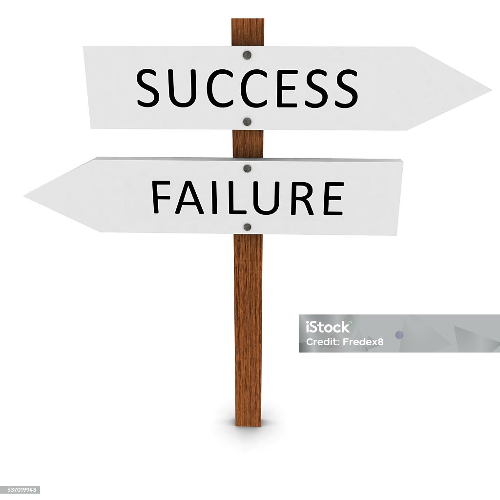 Success and Failure Signs 3D render of a signpost with white success and failure arrow signs pointing in either direction. Isolated on white with shadowing. 2015 Stock Photo