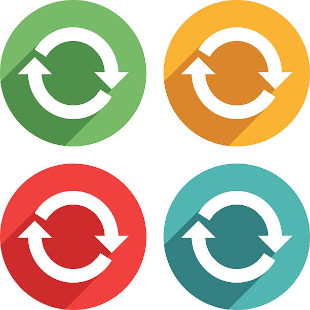 Arrow sign rotation Icons - VECTOR Vector arrow sign rotation icons vector illustration. The Icons are white on top of four different colors, red, green, blue and orange/yellow. The icons have a shadow effect to their left side. repetition stock illustrations