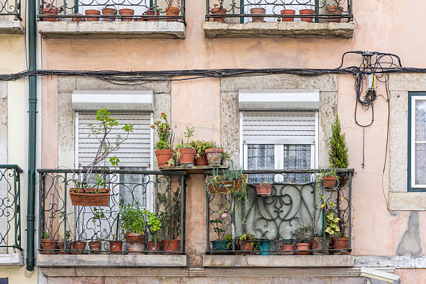 pots de fleurs et installations de la maison sur un vieux weatherd balcon - weatherd photos et images de collection