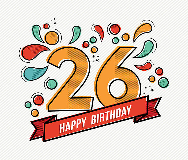 Colorful happy birthday number 26 flat line design Happy birthday number 26, greeting card for twenty six year in modern flat line art with colorful geometric shapes. Anniversary party invitation, congratulations or celebration design. EPS10 vector. number 26 stock illustrations