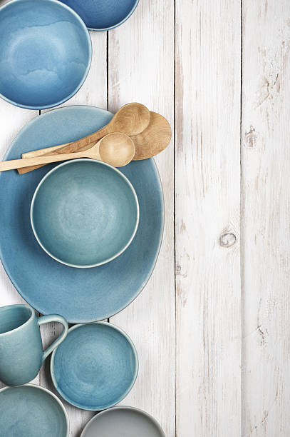 istock Blue crockery on white wood 537024436