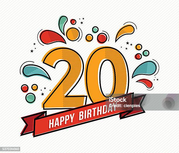 Colorful Happy Birthday Number 20 Flat Line Design Stock Illustration - Download Image Now - 20-24 Years, Number 20, Anniversary