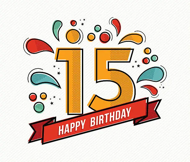 Vector illustration of Colorful happy birthday number 15 flat line design