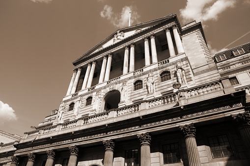 London, United Kingdom - Bank of England building. Sepia tone - filtered retro style monochrome photo.