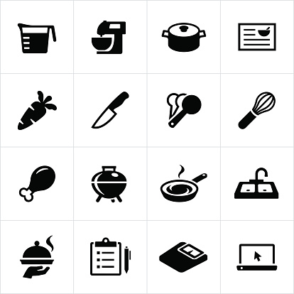 Icons related to food preparation and cooking. Cooking, kitchen equipment, food preparation, appliances.