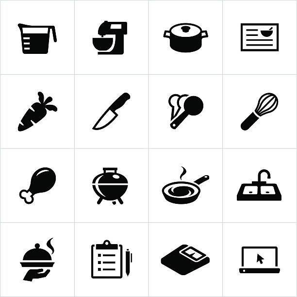 Food Preparation Icons Icons related to food preparation and cooking. Cooking, kitchen equipment, food preparation, appliances. dry measure stock illustrations