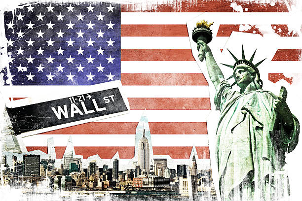 collage de la ciudad de nueva york, ee. uu. vintage bandera de fondo - new york city skyline new york state freedom fotografías e imágenes de stock