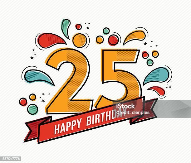 Colorful Happy Birthday Number 25 Flat Line Design-vektorgrafik och fler bilder på 25-29 år - 25-29 år, Talet 25, Årsdag