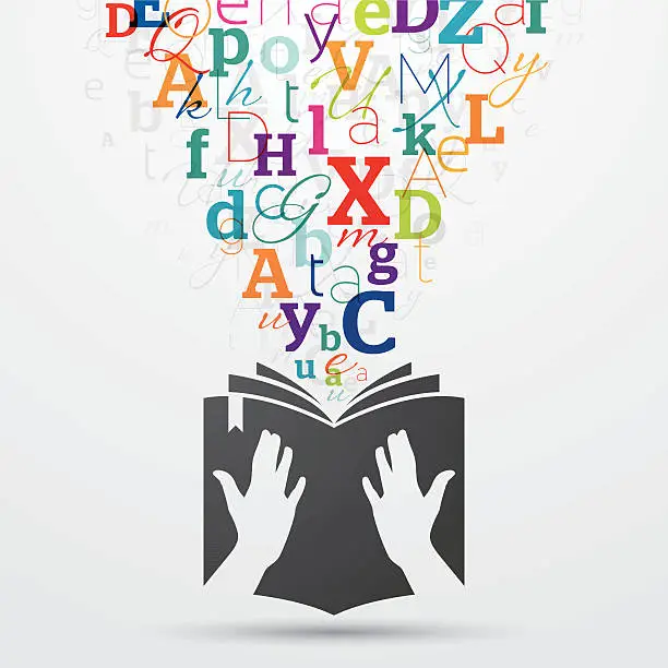 Vector illustration of Open book with colourful letters coming out