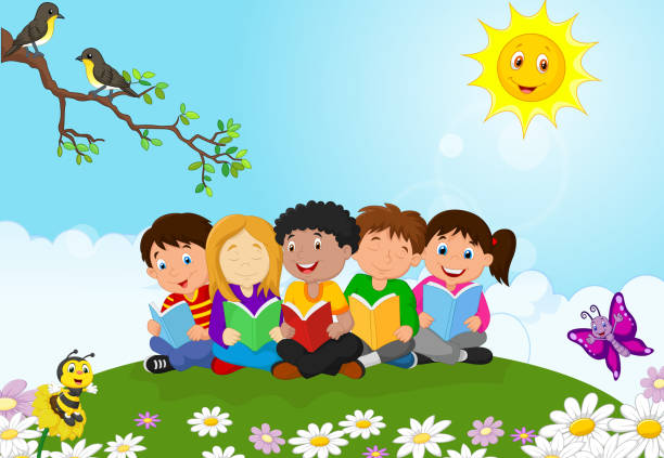 Ilustración de Niños Felices De Dibujos Animados Sentado En El Césped Y Leyendo Libros y más Vectores Libres de Derechos de 2015 - iStock