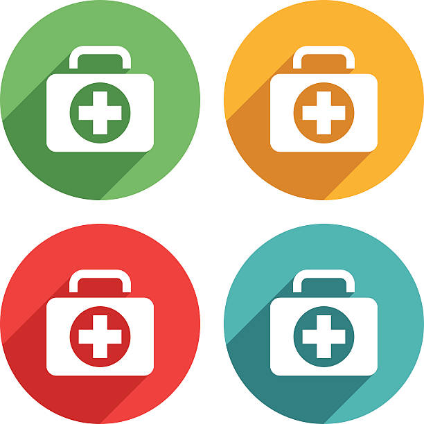 Emergency box kit icons - VECTOR Emergency box kit icons vector illustration. The Icons are white on top of four different colors, red, green, blue and orange/yellow. The icons have a shadow effect to their left side. priority baggage tag stock illustrations