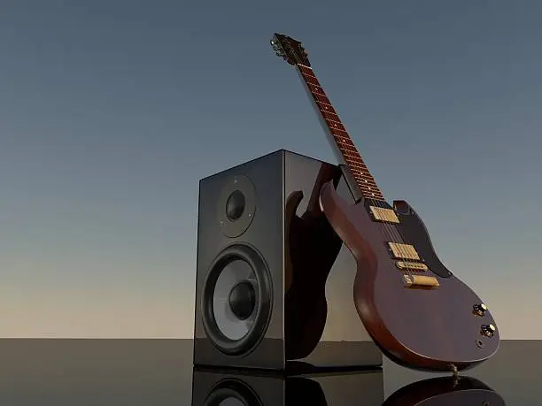 Illustration of the loudspeaker and mirror E-GuitarThree identical optional stainless steel pots and pans rendering