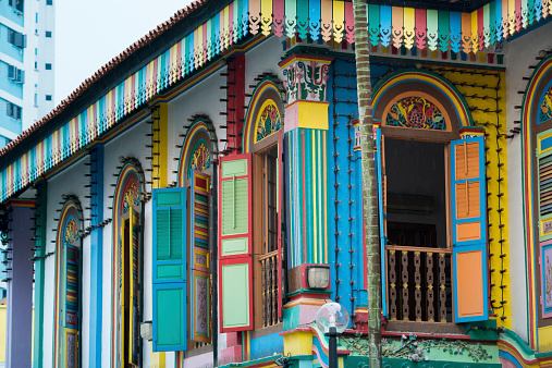 scenic colorful shutters of traditional buildings in Little India district of Singapore city