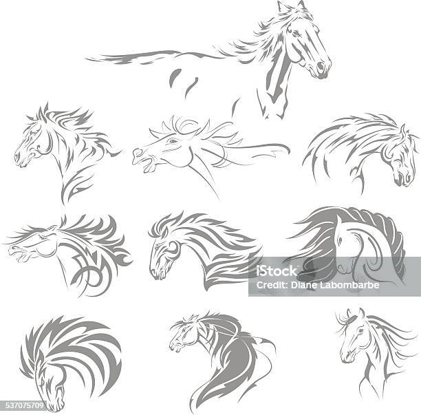 Hand Drawn Tribal Horse Set Grey Stock Illustration - Download Image Now - Horse, Wind, Animal Mane