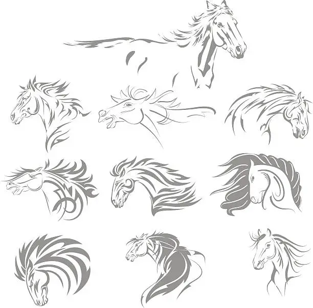 Vector illustration of Hand Drawn Tribal Horse Set Grey