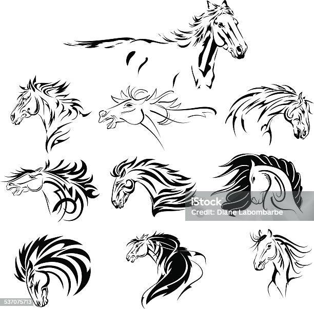 Ilustración de Conjunto Dibujados A Mano Tribal Caballo Negro y más Vectores Libres de Derechos de Caballo - Familia del caballo - Caballo - Familia del caballo, Tatuaje, Silueta