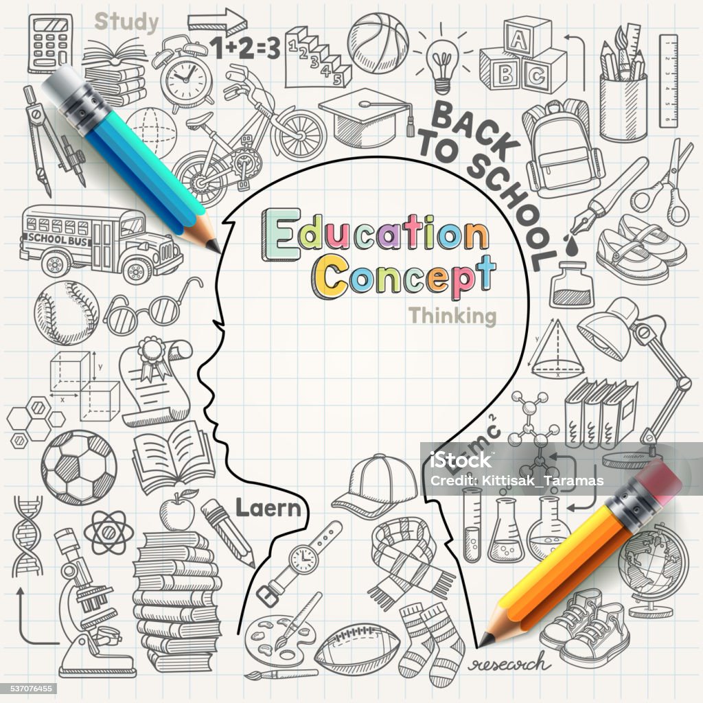 Education concept thinking doodles icons set. Child stock vector