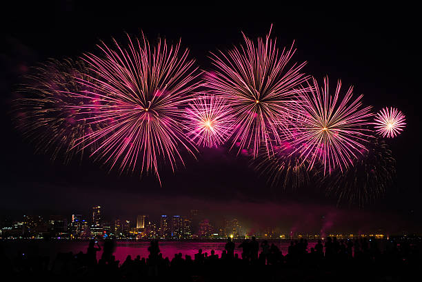 Fireworks display over River stock photo