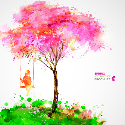 Spring blossoming tree. Dreaming girl on swing.