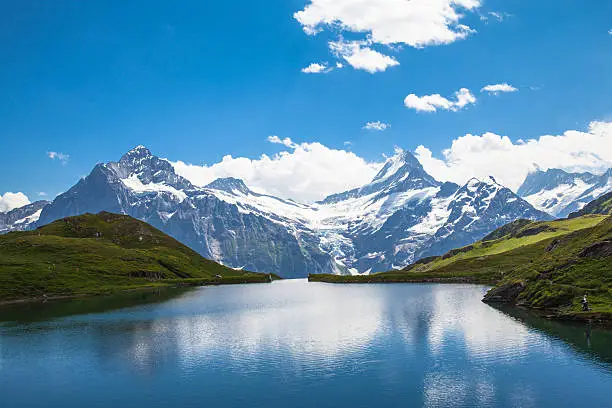 Panorama view of Bachalpsee and the snow coverd peaks with glacier of swiss alps