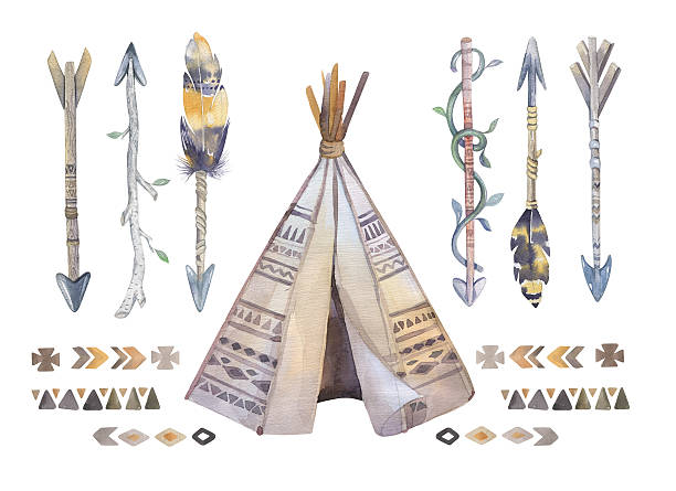 Watercolor teepee, arrows, fearhers and tomahawk. Boho america Watercolor teepee, arrows, fearhers and tomahawk. Boho america indians tribal style travel tent decoration. Tipi isolated illustration on white backgraund. kiowa stock pictures, royalty-free photos & images