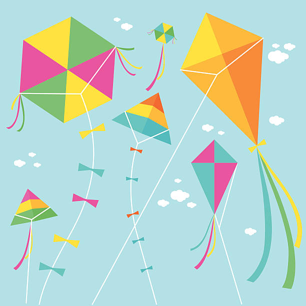 Kites Vector illustration of colorful kites and clouds in the sky. sky kite stock illustrations