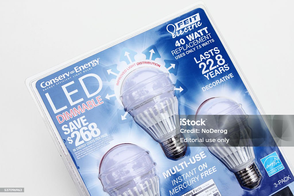 LED lightbulbs West Palm Beach, USA - January 14, 2015: LED 40 watt lighhtbulbs produced by Feit Electric. The bulbs use only 7.5 watts of electricity and are said to last 22.8 years. They are also mercury free and capable of being used with dimmable light switches. LED Light Stock Photo