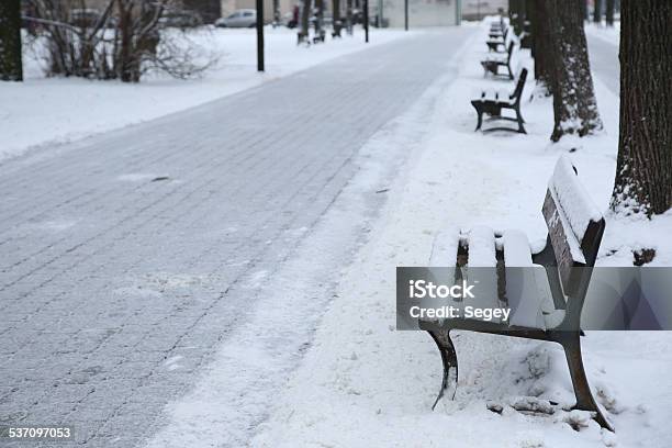 The Path In The Park After Snowfall With Benches Stock Photo - Download Image Now - 2015, Environment, Horizontal