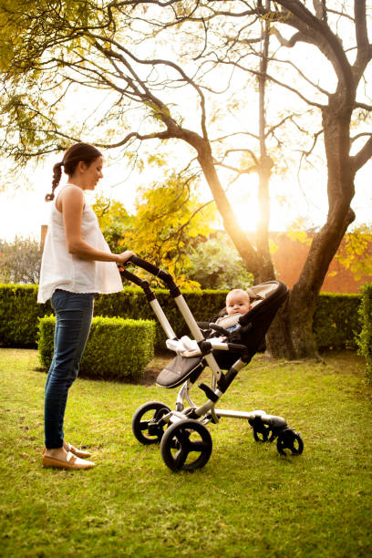 istock Woman pushing stroller with baby 537097683