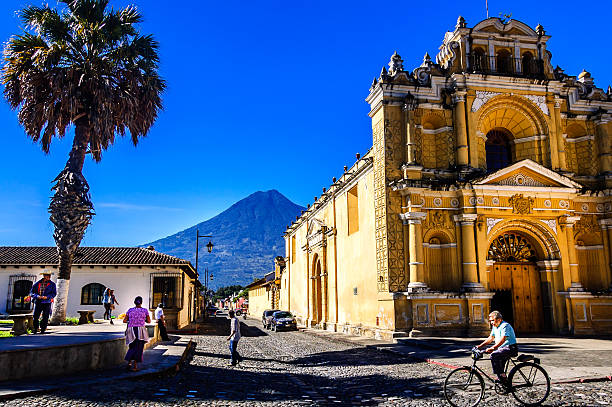 Hermano Pedro church & Agua volcano, Antigua, Guatemala stock photo