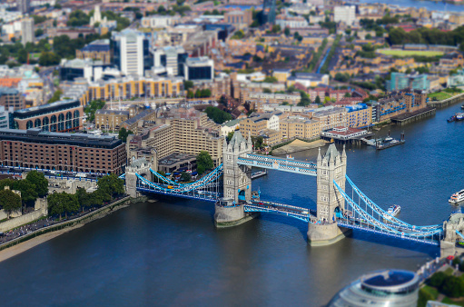 London, England, September 2014: Tower Bridge London seen from the Shard observation deck.