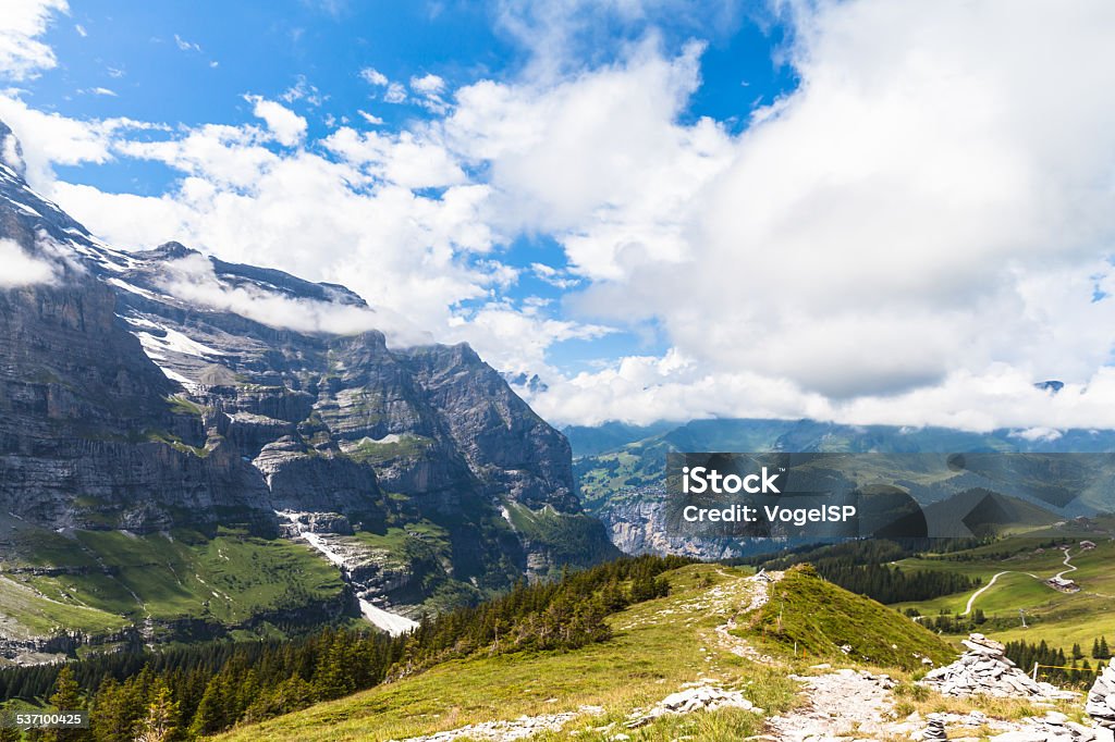 View on the hiking path near Eiger View on the hiking path at haaregg, near Eiger, Grindelwald, Switzerland 2015 Stock Photo