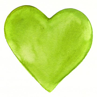 A bright green heart, hand painted with watercolors.