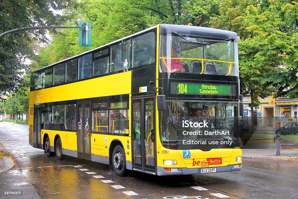 MAN A39 Lion's City DD Berlin, Germany - September 12, 2013: Yellow MAN A39 Lion's City DD double-decker bus of Berliner Verkehrsbetriebe bus company drives at the city street. 2015 Stock Photo