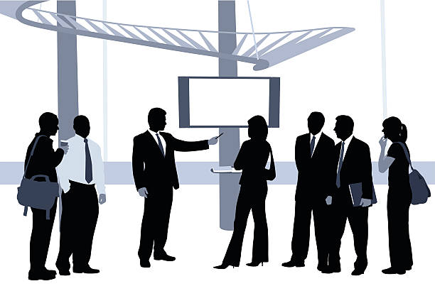 Business Presentation Blue A vector silhouette illustration of business associates watching a monitor on which a mature man in a suit is giving a presentation. person presenting silhouette stock illustrations