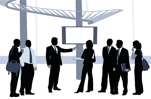 person presenting clipart Business Presentation Blue A vector silhouette illustration of business associates watching a monitor on which a mature man in a suit is giving a presentation. person presenting silhouette stock illustrations