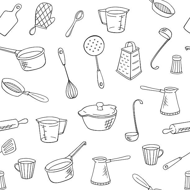vektor-küche handgezeichnet muster - pan stock-grafiken, -clipart, -cartoons und -symbole