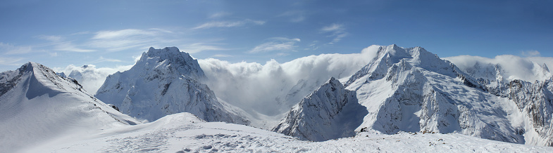 Scenic view of Caucasus Mountains at Dombay Ski Resort, Russia