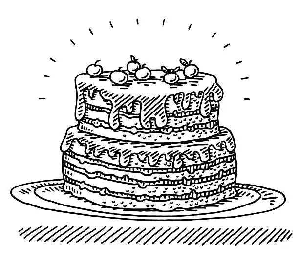 Vector illustration of Big Birthday Cherry Cake Drawing