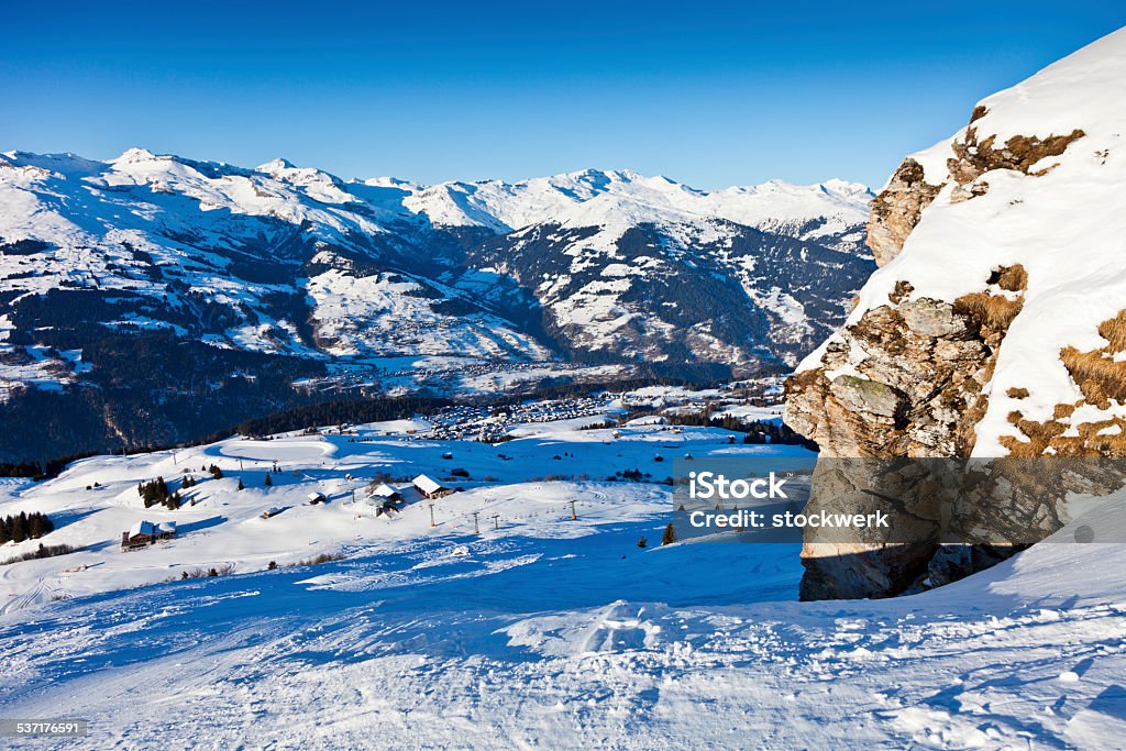 Ski slope in Obersaxen Looking down the ski piste to Obersaxen. 2015 Stock Photo