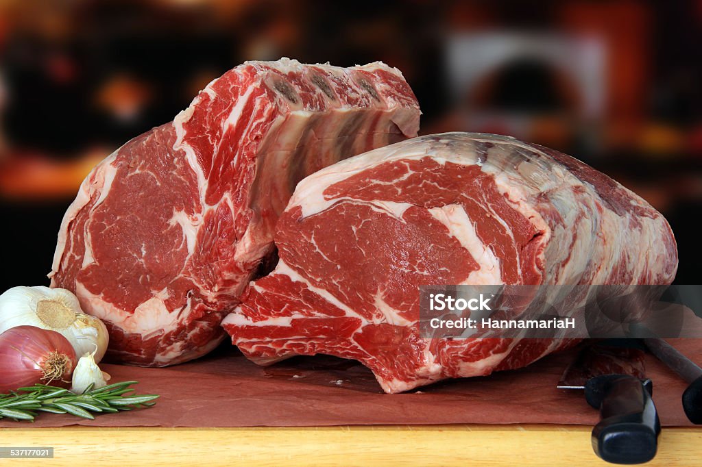 Prime rib roast Prime rib raw beef roast in the kitchen. Roasted Prime Rib Stock Photo