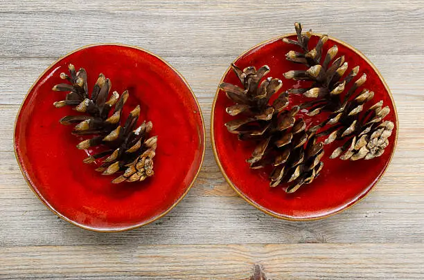 three pine cones on a red ceramic dish