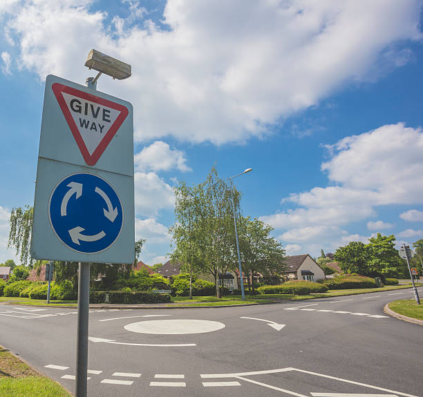 Road Sings: road sign indicating entering a roundabout with copy space