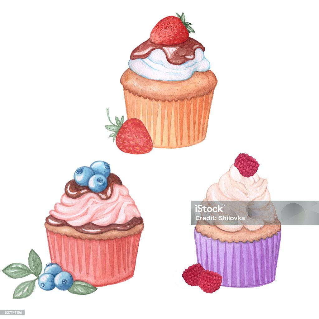 Cupcakes set Watercolor. Handmade drawing. Isolated on white Cupcake stock illustration