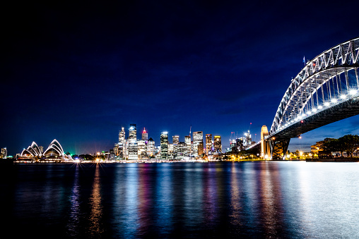 Classic shot of Sydney Harbour bridge, illuminated at night.