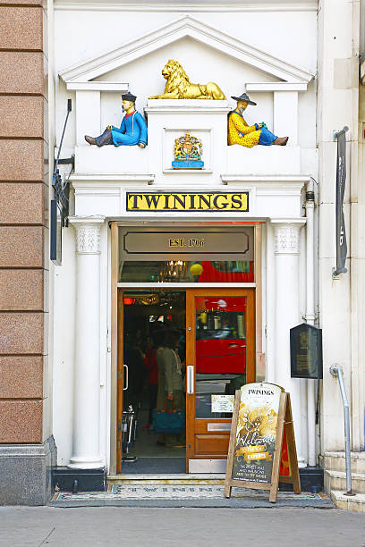 London, United Kingdom - May 27, 2016: external view of the Twinings store. Some people are visible inside.